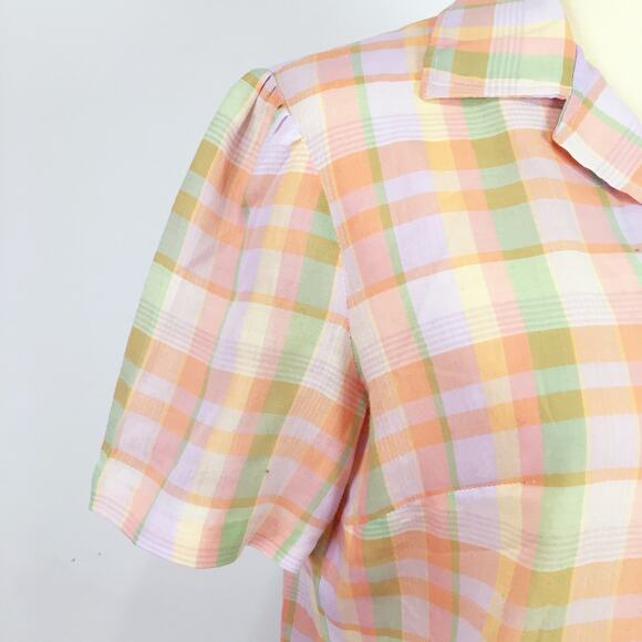 Vintage women's button down shirt pink green pastel madras plaid Size Small - Picture 2 of 6